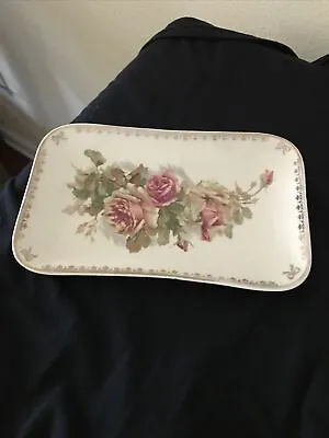 VTG  Porcelain Vanity Serving Tray Moss Rose 9.5  X 6” Warranted 23K Gold Trim • $15