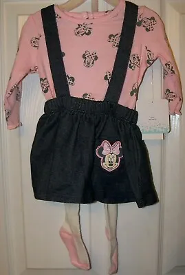 Minnie Mouse LT Pink 3 Piece Jumper Dress Top Tights Girls Baby 0 / 3 Months NWT • $23.13