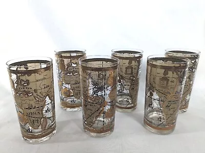 6 Vintage Cera Mid Century Barware 22k Gold Old World Maps Highball Glasses • $71.99