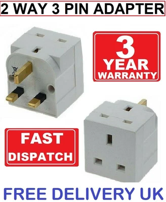 £3.99 • Buy 2 Way 3 Pin Adaptor Converter 13 Amp Double Socket Household Multi Plug Uk
