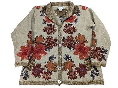 VTG LL Bean Cardigan Sweater Women Medium Wool Silk Blend Oatmeal Leaves Floral • £48.20