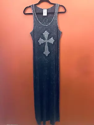 Vintage Sleeveless Acidwash Medium Maxi Dress Rhinestone Cross Witchy Goth 90's • $39.95