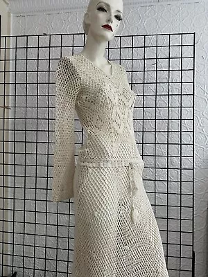 Vintage 1970s Crochet Dress-white-sheer-boho-fishnet-maxi-glam-small-dandyline • $175