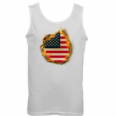 USA National Flag Flames Mens American Vest Stars & Stripes 4th Of July Top • £11.99