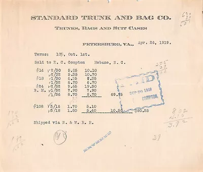 $9.33 • Buy Standard Trunk And Bag Co. Petersburg, Va - Suit Cases 1919 Store Receipt