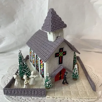 $20 • Buy Vintage 1970s Handmade Needlepoint  Christmas Village Church Pastor Choir Deer