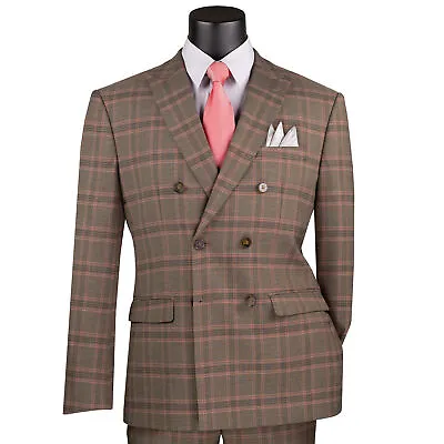 VINCI Men's Brown Glen Plaid Stretch Double Breasted Modern-Fit Suit - NEW • $125