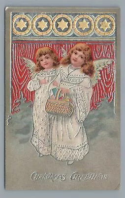 CHRISTMAS Greetings 2 Angels With Basket Vintage Postcard • $4.99