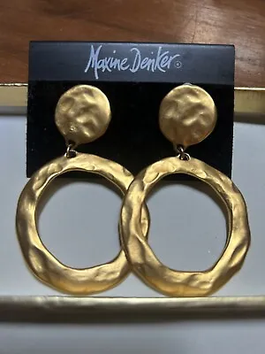 VINTAGE MAXINE DENKER BRUSHED GOLD Clip On DANGLE CIRCLE EARRINGS 2.75” • $35