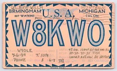 QSL CB Ham Radio Card W8KW0 Glenn Montague Birmingham Michigan MI 1934 • $5