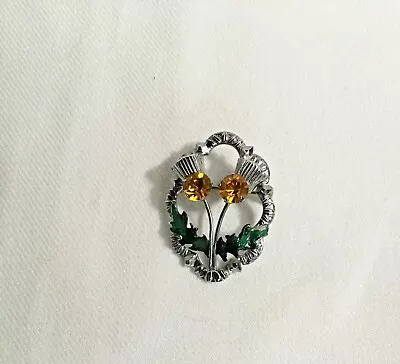 Mizpah Citrine  Enamel  Thistle Brooch Pin Silver Tone  Celtic  Scottish Cloak  • $29.99