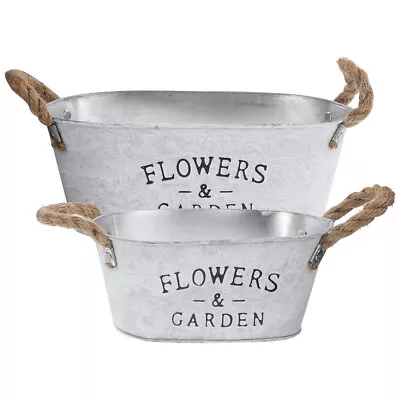 Galvanized Oval Planter Flower Pots With Handle (2pcs)-RO • £14.65