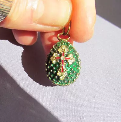 3d Vintage Sterling Vermeil Green Enamel Faberge Egg Cross Star Pendant Charm • $49.99