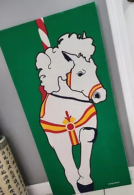 Vtg Marushka Screenprint Carousel Horse Framed Textile Michigan Rag 36x18 • $65