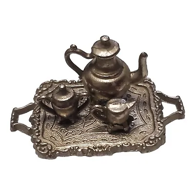 Miniature Dollhouse Pewter Metal Serving Coffee Tea Tray - Pot Sugar. Creamer • $14.99