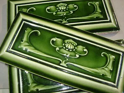 Set Of 3 Relief Molded Green Original Period Antique Tiles Art Nouveau Majolica • $175