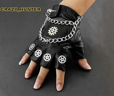 Mens Steampunk Biker Gears W/ Chain Half Finger Fingerless Real Leather Gloves • $22