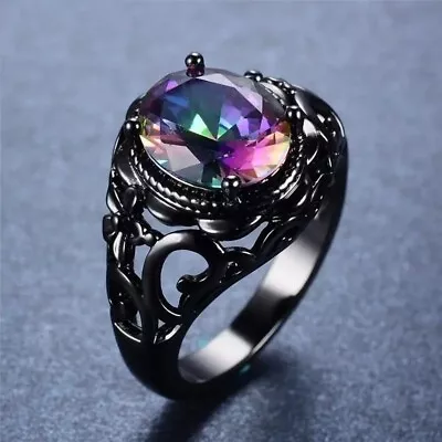 Titanium Steel Gun Black Rainbow Mystical Topaz Wedding Engagement Ring Size 7.5 • $15.74