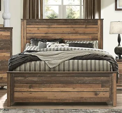 Queen King Rustic Brown Wooden Plank Low Platform Bed Frame Headboard Footboard • $324.90