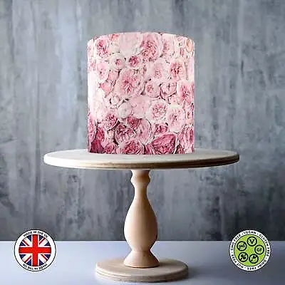 Pink Roses Wrap Around Edible Cake Topper ICING / WAFER • £7.79