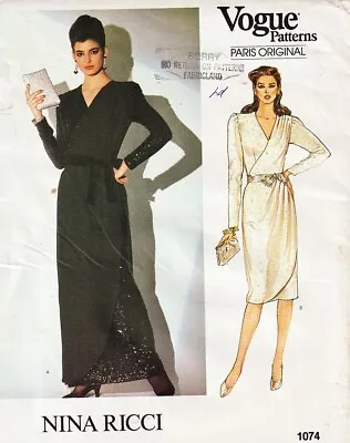 Vogue Paris Original 1074 C1983 Nina Ricci Misses Wrap Dress/Gown Size 8 FF • $17.42
