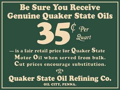 Quaker State Oil Refining .35 Per Quart NEW METAL SIGN: 9x12  & Free Shipping • $19.88