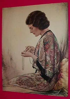 Vintage Art Deco Era Print Of Brunette Woman In Robe Holding String Of Pearls  • $39