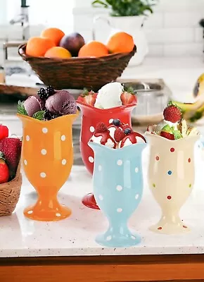 4Pcs Ceramic Ice Cream Cups Polka Dot Dessert Milkshakes Trifle Pudding Bowls • £5.99