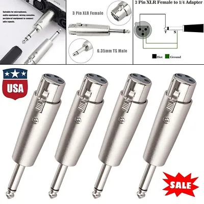 4× New 3Pin XLR Female To 1/4  6.35mm Mono Male Plug Audio Cable Mic Adapter USA • $10.73