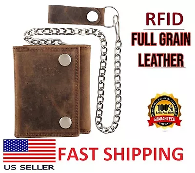 100% Full Grain Leather Trifold Cowhide Biker  Wallet With Chain-RFID • $35.95