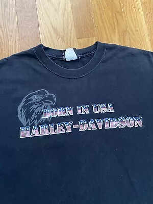 VTG 90s Born In USA Flag Harley Davidson San Diego T Shirt Double Sided Sz Large • $15