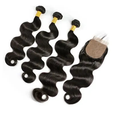 Peruvian Virgin Hair Body Wave 3 Bundles 12 14 16  With 12  4 By 4 Lace Closure • $96.90