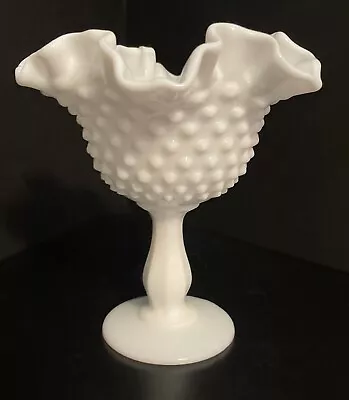 Vintage Fenton Milk Glass Hobnail Footed Small Ruffled Edge Compote • $15