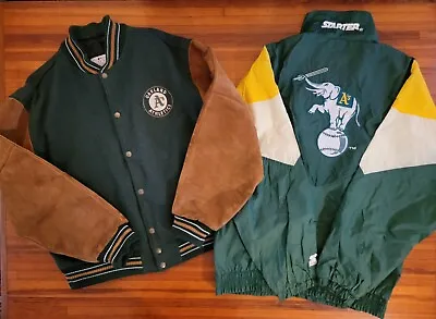 X2 OAKLAND A'S BOMBER VARSITY JACKET & WINDBREAKER ATHLETICS MEN LARGE L MLB LOT • $149.99