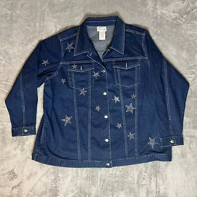 THE QUAKER FACTORY Rhinestone Gemstone Blue Jean Denim Jacket Size 2X Vintage • $24.99