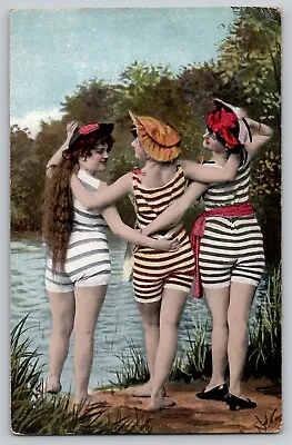 3 Bathing Beauties Striped Suits Edwardian Risque Vtg Postcard C1910 1070 Rare • $19.45