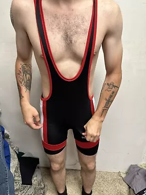 Men’s Tauwell Wrestling Singlet Black And Red With White Medium • $34.32