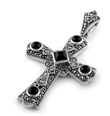 Sterling Silver 925 Black Onyx Cross Marcasite Pendant For Necklace • $69.95