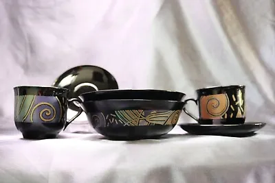 Arcoroc TAMPICO 2 Cereal Bowls 2 Cups 2 Saucers Black Geometric Glass France • $22.50