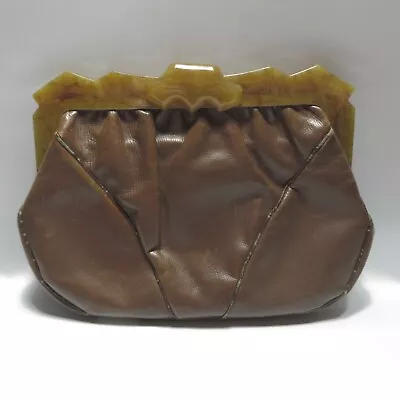 Vintage Art Deco Purse Leather Clutch Handbag Plastic Frame • $15