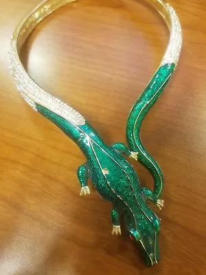 Estate Vintage Rare Huge Silvertone Alligator Bright Green Rhinestone Necklace • $185