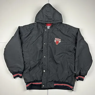 Vintage 90s Starter Chicago Bulls Button Snap Puffer Jacket Black L FLAWS • $44.99