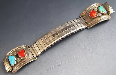 Vintage Navajo Sterling Silver Turquoise Coral  Watch Band Bracelet 17mm  18mm • $195