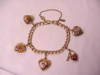 Vintage Lovely Signed MONET Gold Tone Charm Bracelet With 5 Jeweled Heart Charms • $26