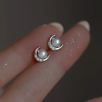 925 Silver Plated Crystal Pearl Moon Earrings Stud Women Wedding Jewelry Gift • $2.02