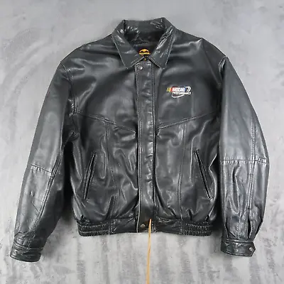 Vintage NASCAR 3M Black Leather Quilt Lined FullZip Jacket Mens Large L • $24.70