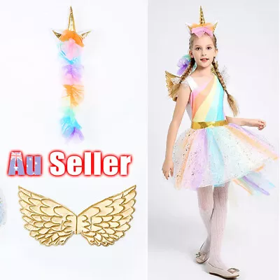 Girls Unicorn Costume Fairy Headband Kids Halloween FANCY DRESS Up Cosplay Wings • $22.95