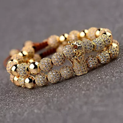 Luxury Crown Men Women 8mm Micro Pave CZ Round Braided Macrame Bracelet Handmade • $8.21