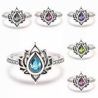 $1.83 • Buy Women Lotus Flower Rings 925Silver Pear Zircon Crystal Ring Wedding Jewelry Gift