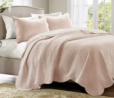 BLUSH PINK MATELASSE 3pc Queen QUILT SET : COZY FARMHOUSE COTTAGE TILE COVERLET • $79.45